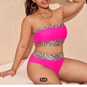 Bandeau Bikini Women’s Plus-Neon Pink & Cheetah Print